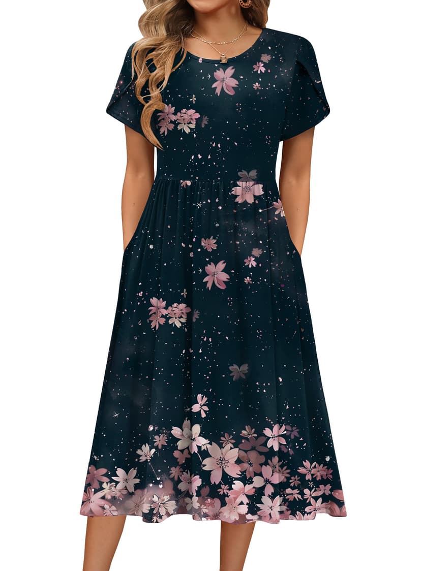HOTOUCH Women's Summer A-Line Midi Dresses 2026 Casual Floral Short Sleeve T-Shirt Dress Flowy Beach Sundress with Pockets