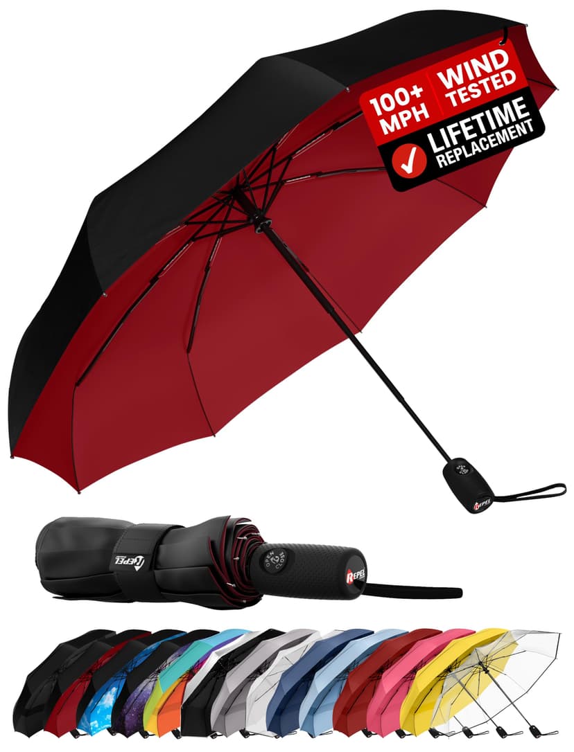 Repel Windproof Travel Umbrella - Compact & Withstands Winds up to 100MPH , Strongest Premium Auto Folding Umbrella for Rain and Sun - Durable, Light & Portable for Women & Men , Fits Backpack & Cars