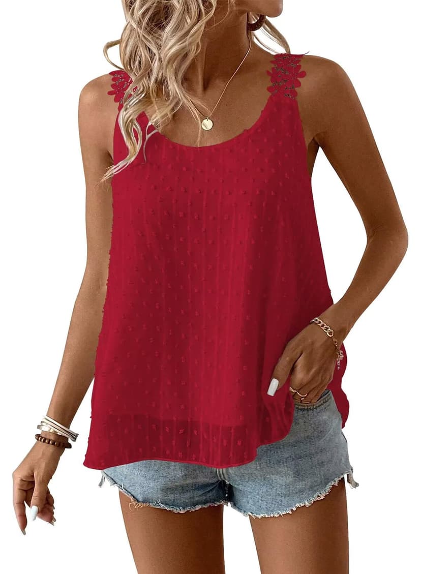 Womens Tank Tops Flowy Sleeveless Summer Boho Tank Top for Women Casual Crewneck Strap Lace Camisole Shirts