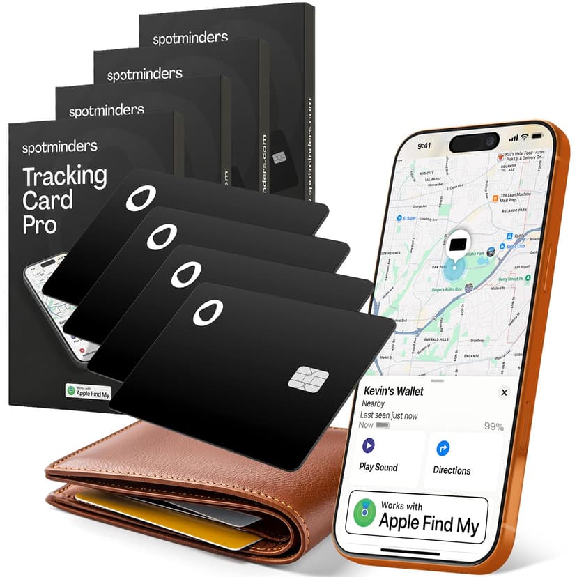 SPOTMINDERS Apple MFi Certified Credit Card Wallet Tracker PRO 4-Pack (iOS Only) Works with Apple Find My Rechargeable Tracking Card for Wallet IP68 0.07in Slim iPhone Item Finder for Luggage or Purse