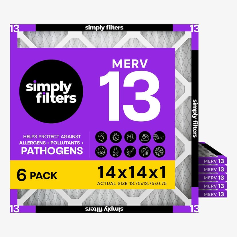 Simply 14x14x1 Air Filter, Merv 13, 6 Pack, For Home AC Furnace & HVAC (Actual Size: 13.75"x13.75"x0.75") DUST, Pet, & Allergy Control