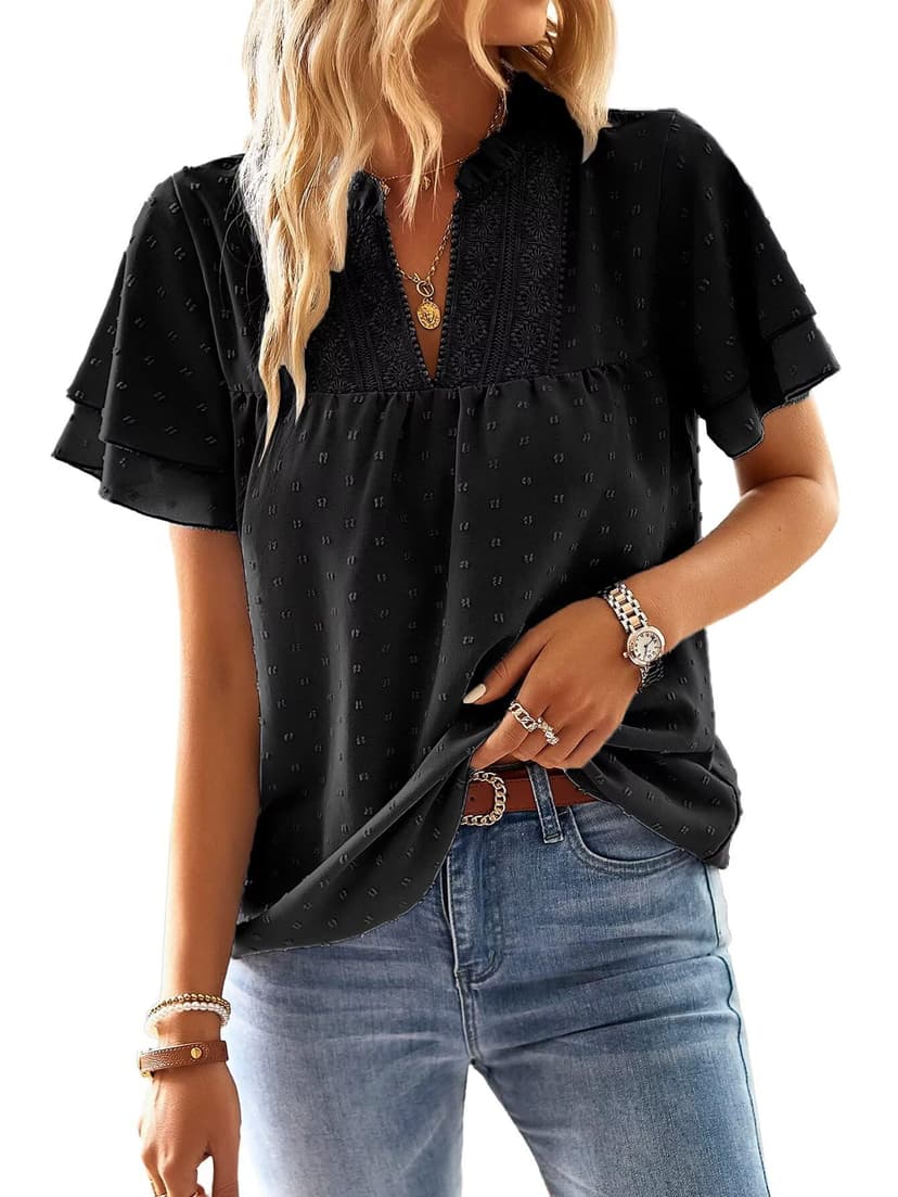 Falechay Womens Tops Butterfly Sleeve V Neck Blouses for Women Dressy Casual Flowy Swiss Dot Ruffle Short Sleeve Shirts