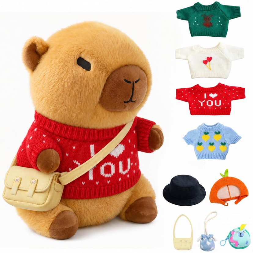 TITQWOP 10 Pcs Capybara Plush Toy Set | Cute Capybara Stuffed Animal, 9 Clothes and Accessories, Dress Up Soft Plush Doll, Ideal Gift for Kids