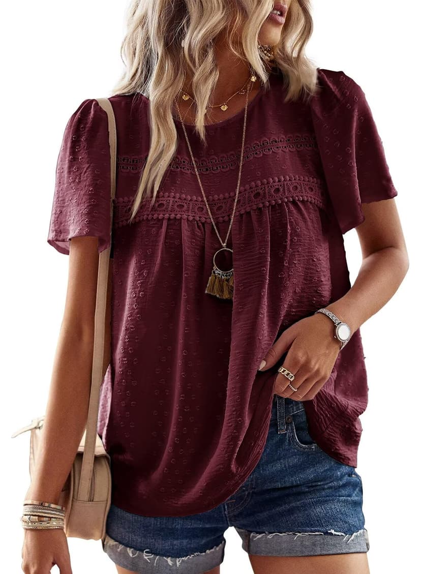 Falechay Womens Summer Tops Flowy Boho Dressy Casual Short Sleeve Shirts | Crewneck Loose Fit Blouses, Business Work, Hide Belly Fat, Lace Hem Ladies Tunic, Swiss Dot, Babydoll Crochet Trendy Clothes