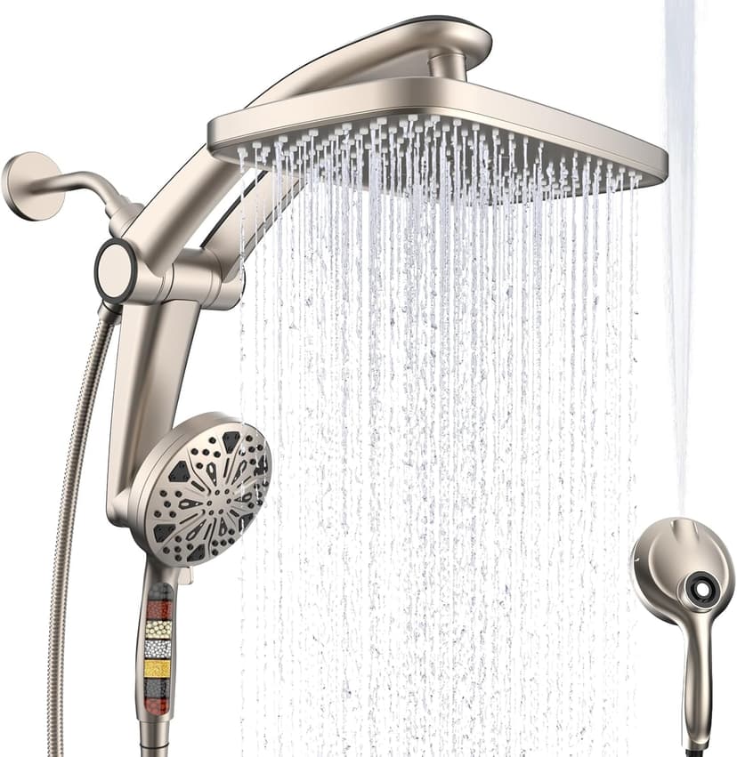 12-Inch High Pressure Rain Shower Head with Handheld Spray Combo, Magnetic | Dual shower heads; one-piece bracket adjusts height and angle; 9 settings: 8 sprays + 1 Power Jet for cleaning; easy instal