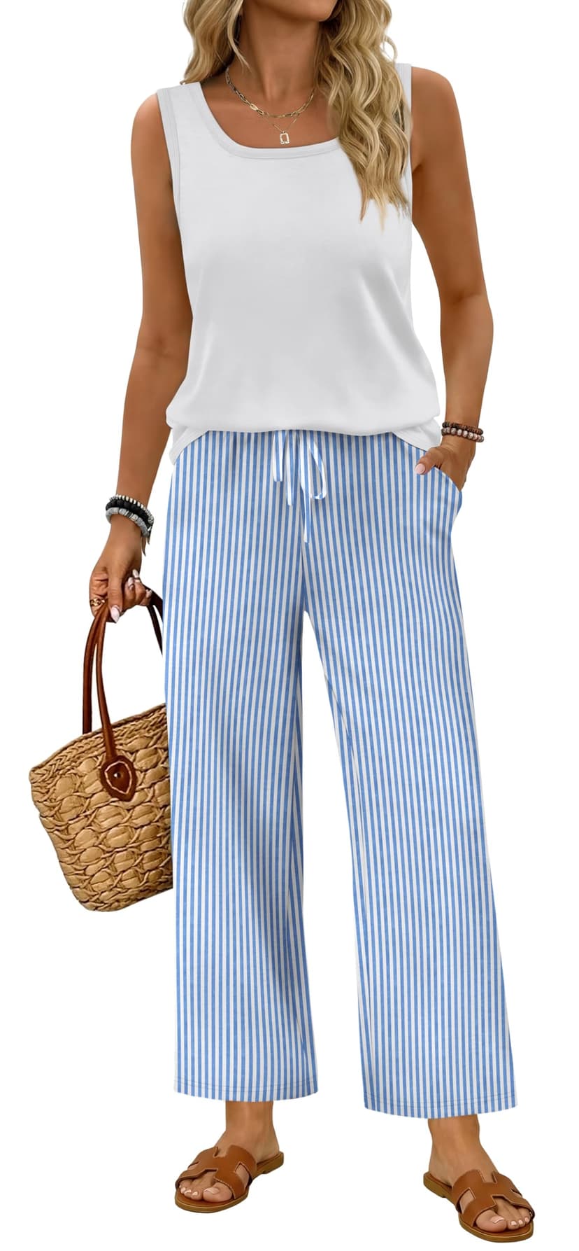 WIHOLL Two Piece Sets for Women Summer Spring Outfits Tank Square Neck Sleeveless Travel Vacation Lounge Wide Leg Pants Set