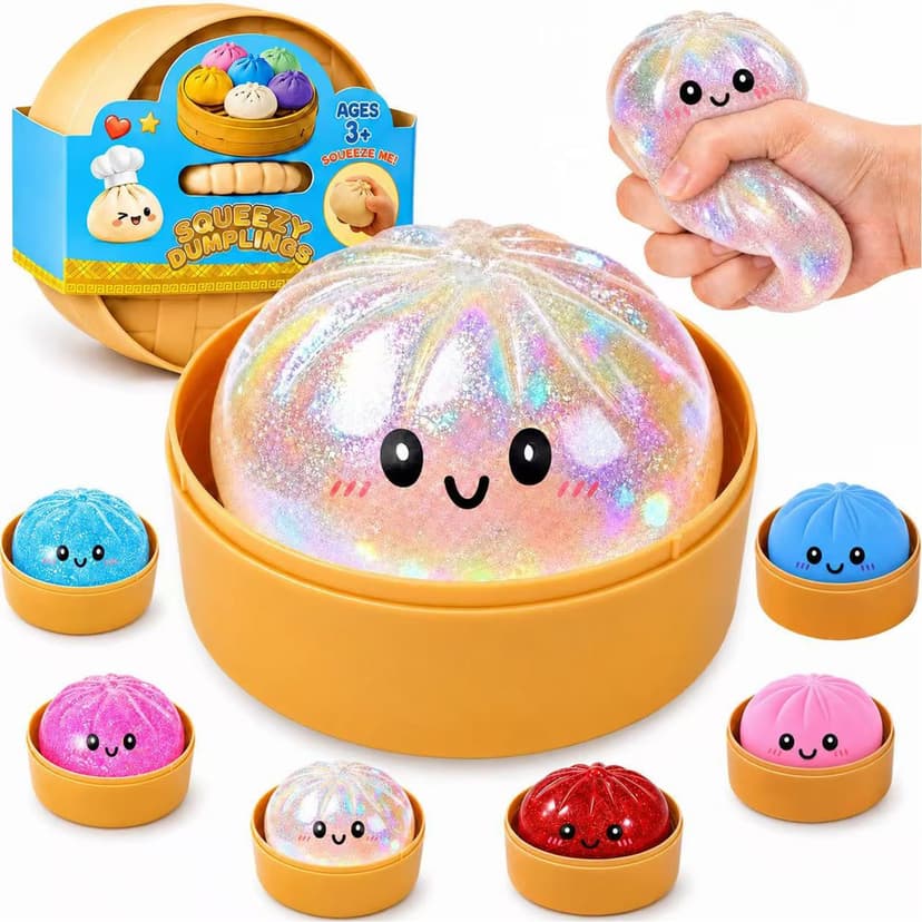 Dumpling Squishies, Glitter Dumpling Mystery Box, Fidget Sensory Toy for Adults,Colorful Dumplings Stress Balls with Food Steamer,Stretchy Desk Toys (Colorful 01)