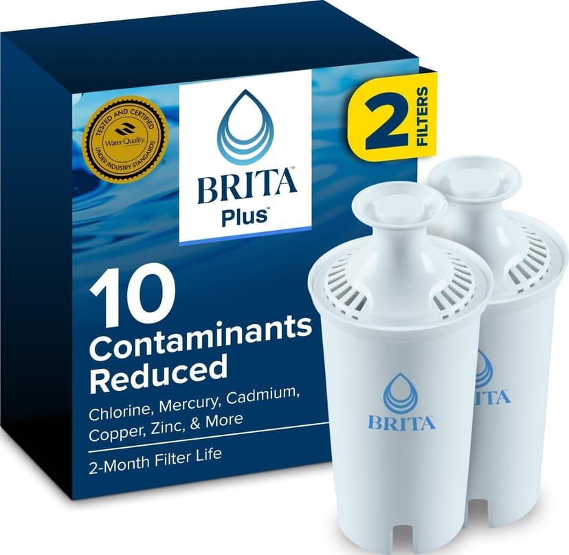 Brita Plus Replacement Water Filter, For Pitchers and Dispensers, 2 Pack | WQA and NSF/ANSI Certified, Reduces Chlorine, Copper, Mercury & Cadmium, Lasts 2 Months, Household Essential