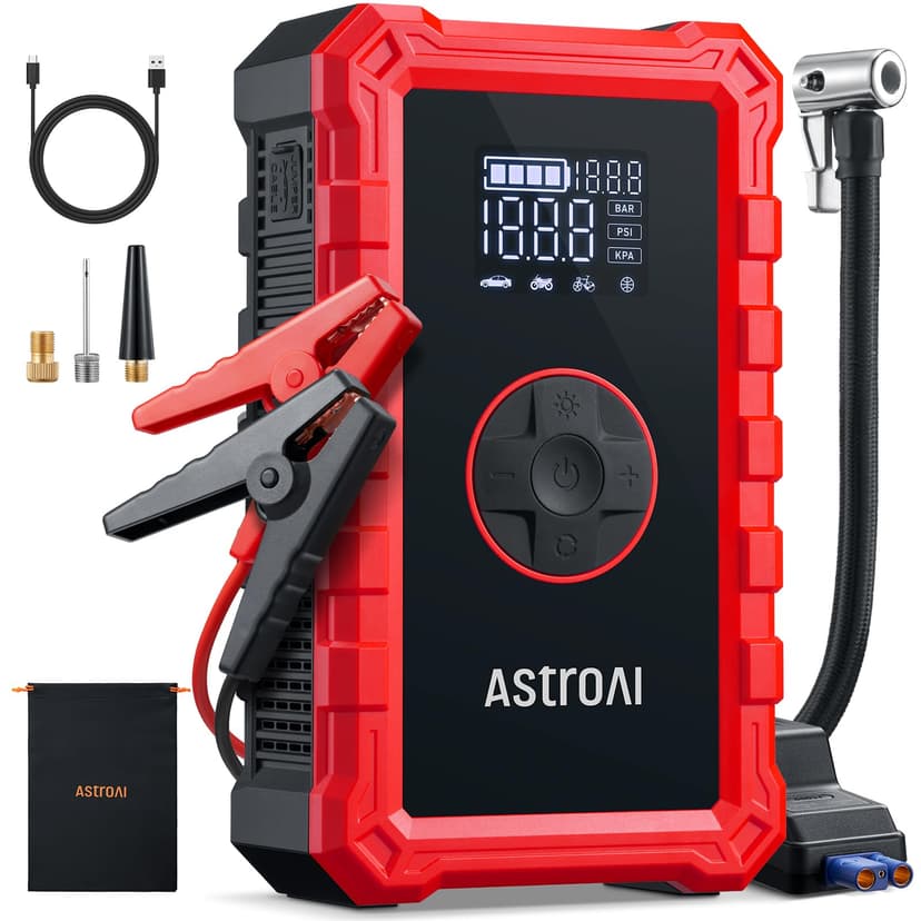 AstroAI S8 Air 3000A Jump Starter with Air Compressor, 12V Jump Box | Car Battery Booster for 9L Gas/6.5L Diesel - 150PSI Auto-Off Tire Inflator - 2.4" Large Screen - Power Bank - LED Light, Red