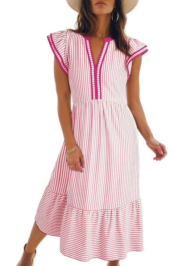 Dokotoo Womens Dresses 2026 V-Neck Cap Sleeve Empire Waist Dress | Spring, Summer, Flowy Hem, Striped, Floral, Beach, Midi, Maxi, Side Pockets, Elegant, Fashion, Casual