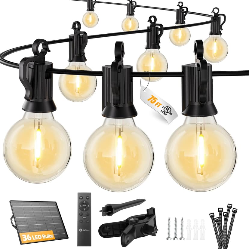Brightown 75FT 36LED Solar String Lights Outdoor with Remote & USB Port, Shatterproof Bulbs, Dimmable & Timable, 3 Modes, Patio Lights with Mount Clips for Backyard Garden Decor - Last for 36+Hrs