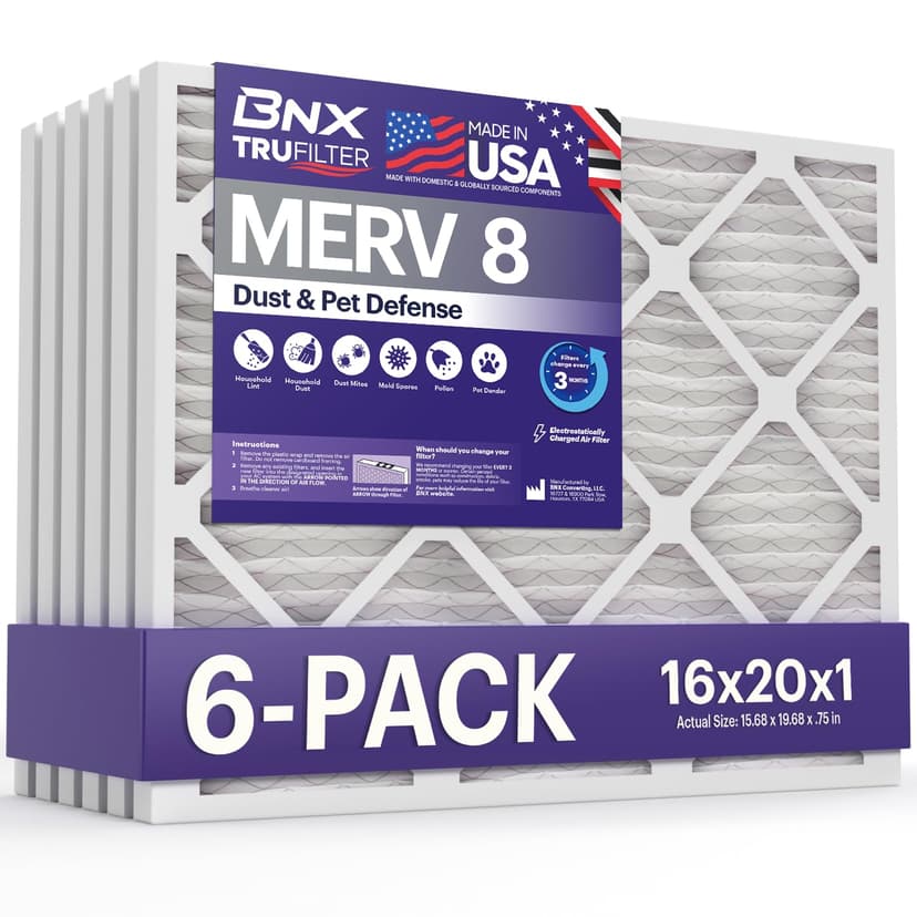 BNX TruFilter 16x20x1 Air Filter MERV 8 (6-Pack) - MADE IN USA – Dust & Pet Defense Electrostatic Pleated Air Conditioner HVAC AC Furnace Filters for Dust, Pet, Mold, Pollen MPR 600 – 700 & FPR 5