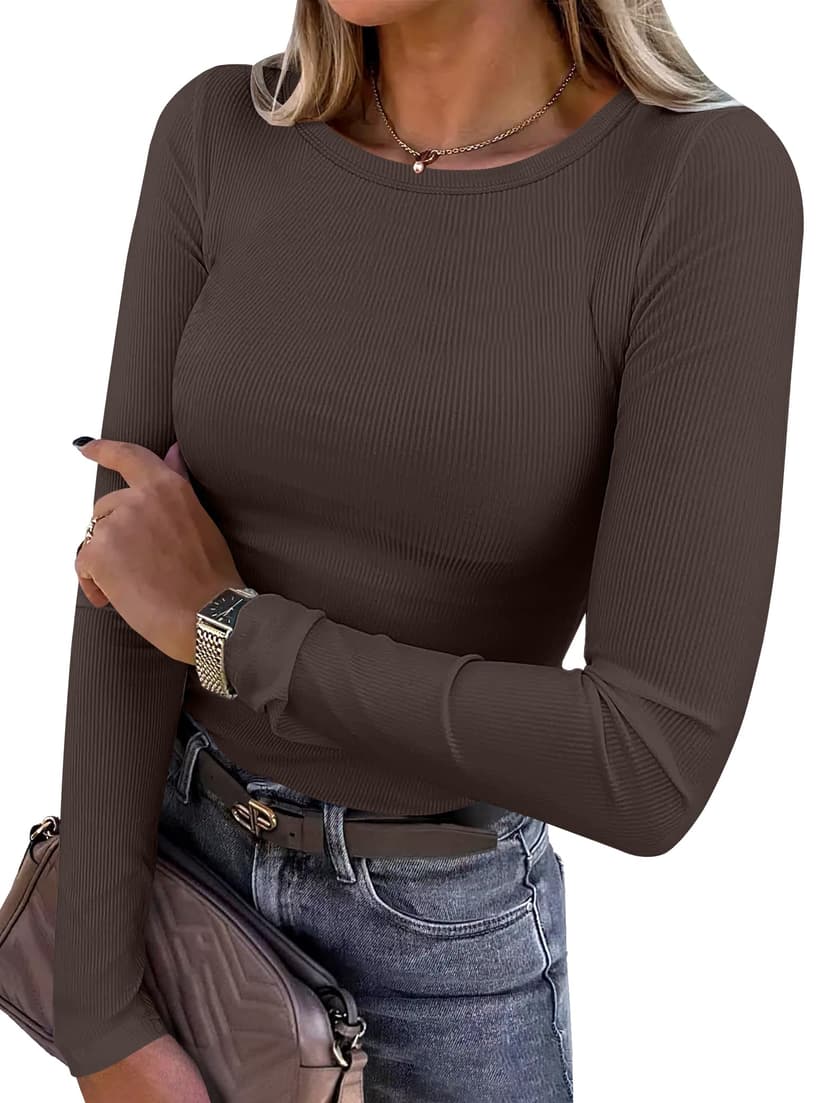 ANRABESS Women Long Sleeve Shirts Ribbed Fitted Tops | Slim Basic Tee,2026 Fall Outfits,Lightweight Knit T-Shirt,Soft Underscrub,Winter Layer Clothing,Casual Work & Everyday Wear