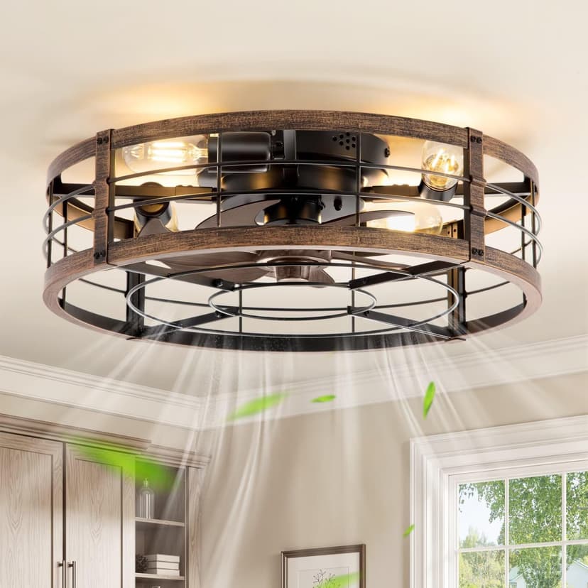 LEDIARY 20" Caged Low Profile Ceiling Fan with Light and Remote Black Gold | Flush Mount, Bladeless Enclosed Fandelier, 6 Speed, Quiet Powerful DC, Rustic,Farmhouse, Small, Bedroom, Kitchen, Indoor