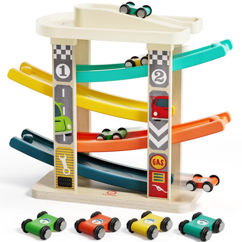 TOP BRIGHT Toddler Toys for 2 Year Old Boy, Wooden Car Ramp Race Track Set, Car Toys for Toddlers 1-3 with Cars and a Garage, Montessori Toys for 12 Year Old Boy Girl,Birthday Gift for Age 18+ Month