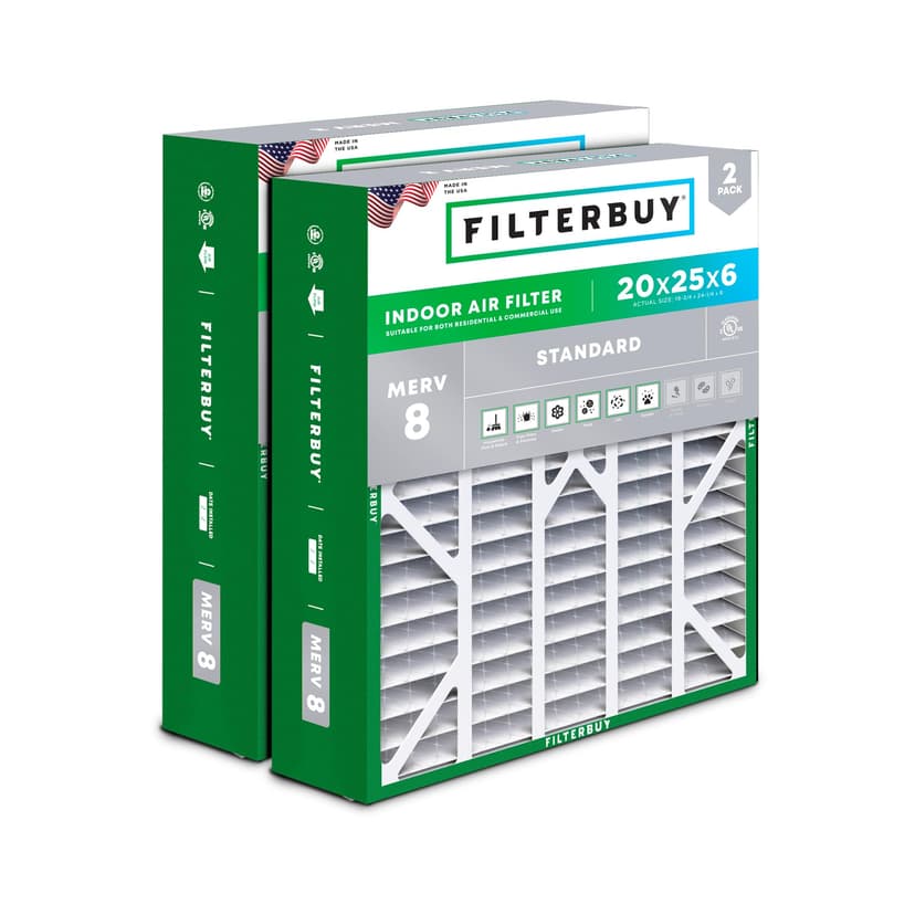 Filterbuy 20x25x6 Air Filter MERV 8 Dust & Allergy Defense (2-Pack) | Pleated HVAC AC Furnace Replacement for AprilAire Space-Gard 201, 2200, 2250 & Lennox (Actual Size: 19.75 x 24.25 x 6.00)