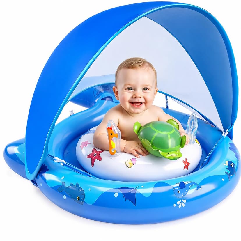 Inflatable Baby Pool Float with Sun Canopy, UPF50 Sun Protection, Portable & Easy to Store, Padded Safety Seat with, Includes Air Pump, with Toys Baby Swim Float for 6-36 Months Boys & Girls