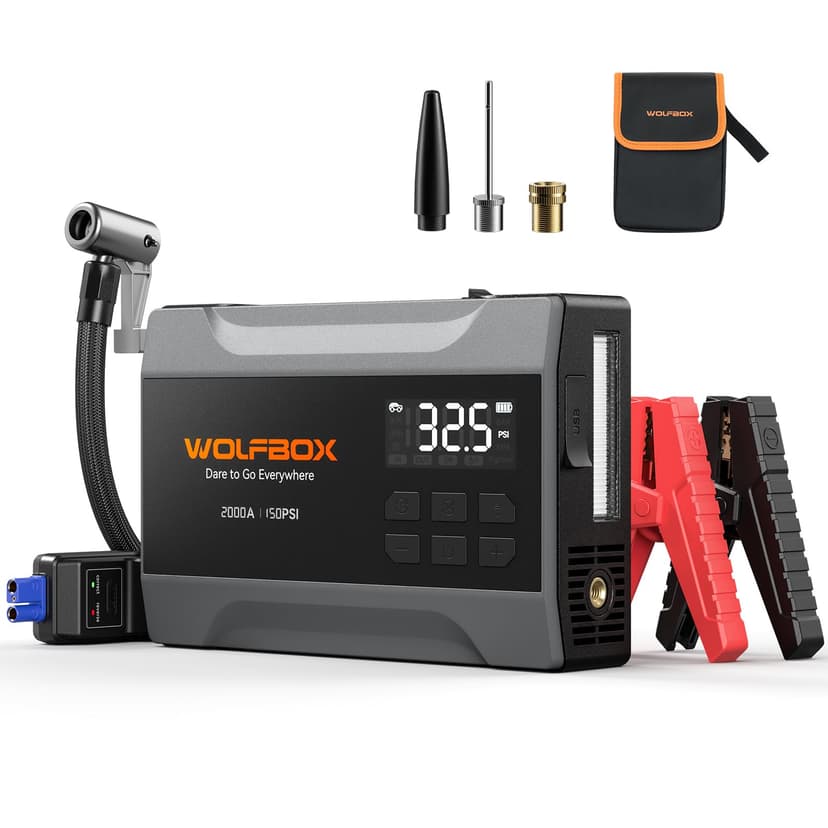 WOLFBOX MV10A 2000A Jump Starter with Air Compressor, 37Wh Car Battery Jumper Starter Portable (up to 5L Gas Engine) with 150PSI Tire Inflator, 12V Jump Box with Jumper Cables, Boost, LED Light