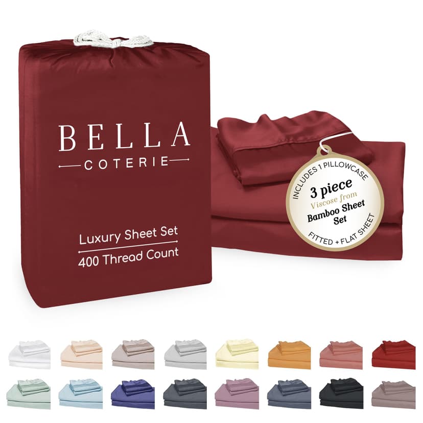 Bella Coterie Luxury Bamboo Viscose Twin XL Sheet Set | Organically Grown | Cooling | Ultra Soft & Breathable | 18" Deep Pocket w/ Corner Straps | Hypoallergenic [Merlot]