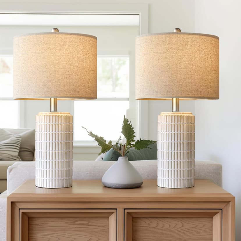 PoKat 23" Modern Ceramic Table Lamp Set of 2 for Living Room Bedroom, White | Nightstand Lamps for Bedside, Farmhouse End Table & Desk Light, Ideal Housewarming Gift, New Home Decor for Women Mom