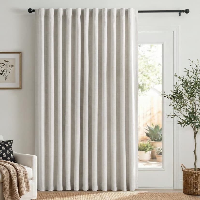 100% Blackout Shield Linen Blackout Sliding Door Curtains for Living Room, Back Tab/Rod Pocket Thermal Insulated Curtains for Sliding Glass Doors, 1 Panel Set, 100" W x 96" L, Beige