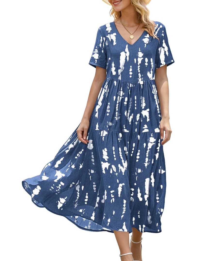 YESNO Women's Summer Maxi Dresses Casual Floral Short Sleeve V Neck Boho Beach Vacation Swing Dress with Pockets EVF