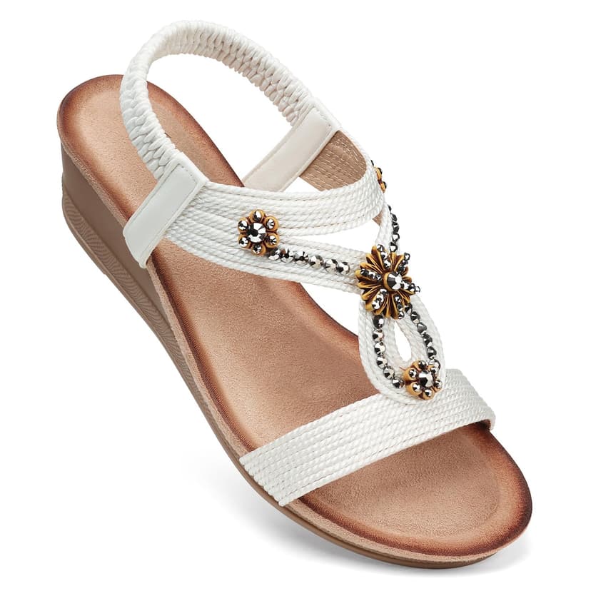 SHIBEVER Womens Wedge Sandals Comfortable Arch Support for All-Day Walking | Low Heel, Elastic Ankle Strap, Dressy Casual Summer, Open Toe, Travel Vacation Outdoors Dress Shoes, Size 5-12