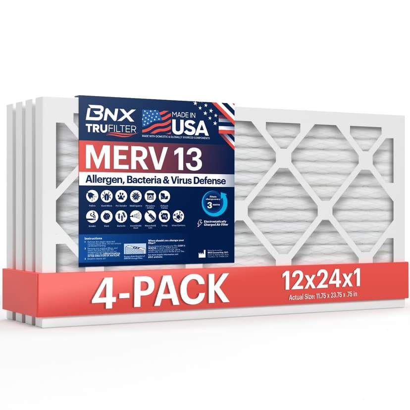 BNX TruFilter 12x24x1 Air Filter MERV 13 (4-Pack) - MADE IN USA - Electrostatic Pleated Air Conditioner HVAC AC Furnace Filters for Allergies, Pollen, Mold, Bacteria, Smoke, Allergen, MPR 1900 FPR 10