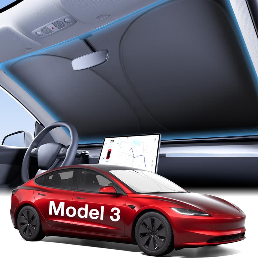 Wigoo for Tesla Model 3 Windshield Sunshade, OEM Design, 100% Sun Block | Custom Fit, Cooling Tech Fabric, Foldable Heat-Blocking Sunshade with Storage Bag, for Model 3 2017-2026 Accessories