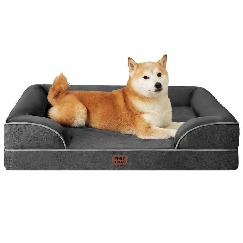 EHEYCIGA Orthopedic Dog Beds for Large Dogs, Waterproof Memory Foam Large Pet Bed with Sides, Non-Slip Bottom and Egg-Crate Foam Dog Couch Bed with Washable Removable Cover, Dark Grey