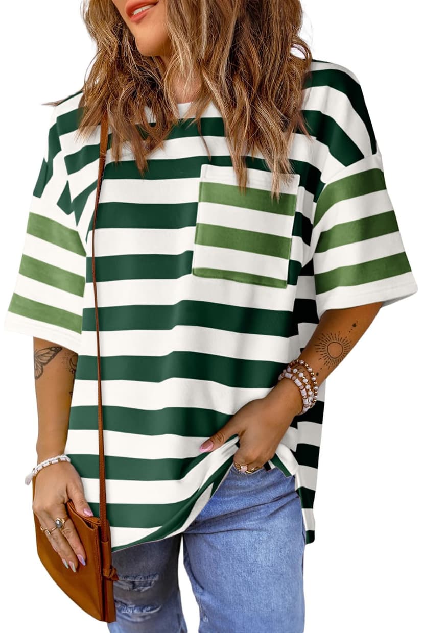 Womens Oversized Color Block Striped Tshirts Summer Casual Short Sleeve Tops Loose Fit Crew Neck Shirts