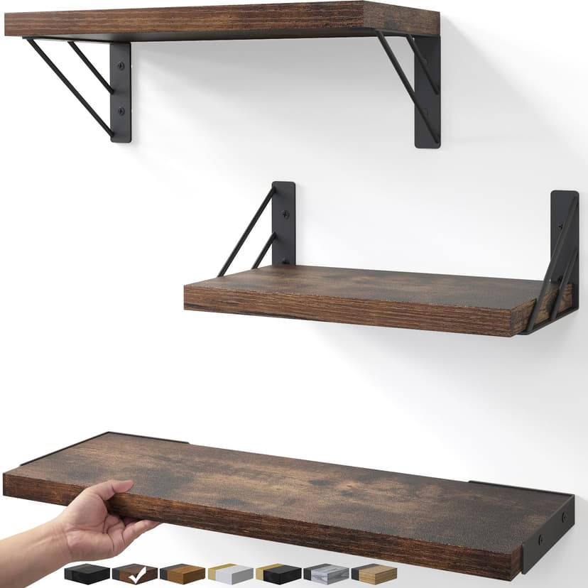 BAYKA Wall Shelves for Bedroom Decor, Wood, Rustic Brown, Set of 3, 16in | Floating Shelves for Wall, Display Mounted Wood Shelf for Books, Plants, Corner Shelves for Bathroom, Kitchen, Living Room