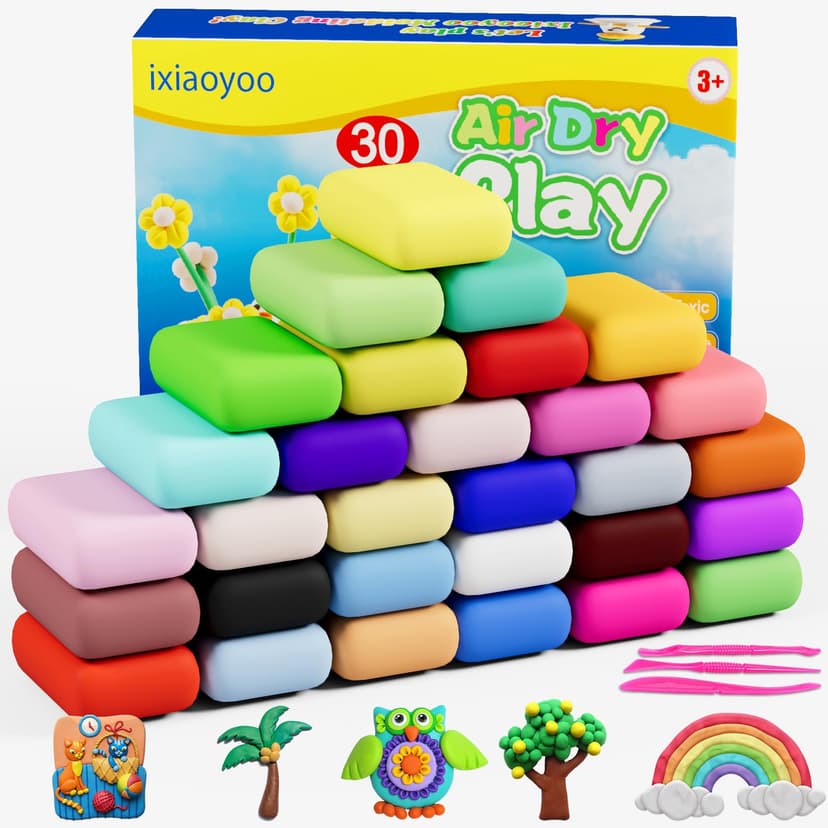 Ixiaoyoo Air Dry Clay, 30 Colors Foam Modeling Clay for School Projects | Safe & Non-Toxic, Soft, Non-Sticky, DIY Model Crafts Kids Toys for Home Party Favors, Birthday Gifts for Aged 3–12 Boys Girls