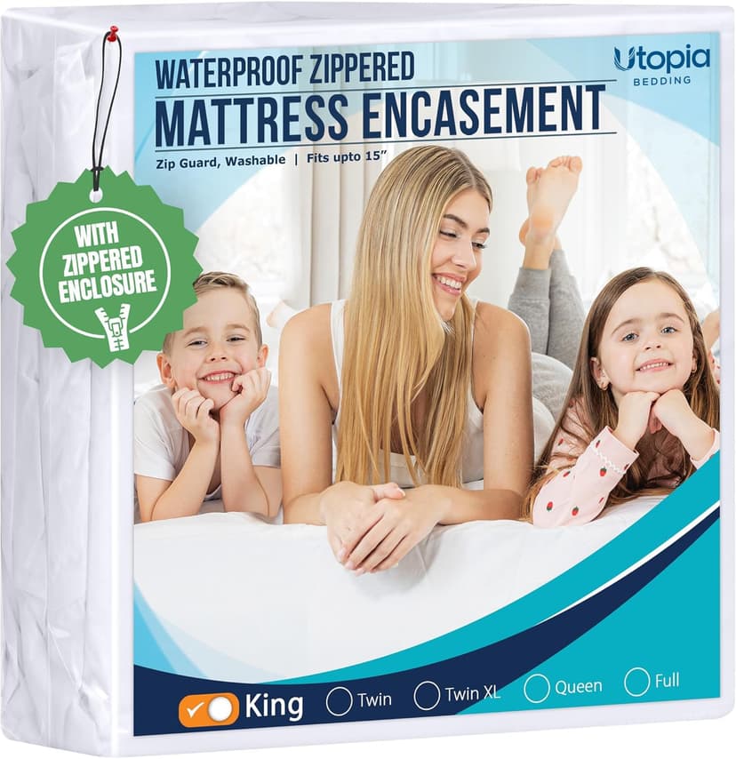 Utopia Bedding King Size Mattress Protector Zippered, 100% Waterproof | Bed Bug & Dust Mite Proof Mattress Encasement, Absorbent 6 Sided Mattress Cover fits upto 15" deep Pockets, Machine Washable