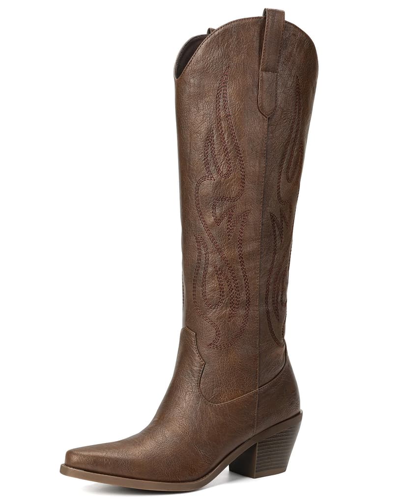 Pasuot Western Cowboy Boots for Women - Knee High Wide Calf Cowgirl Boots, Slip On Pointed Toe Chunky Heel Fashion Retro Classic Pull On Tall Boot for ladies Party concert