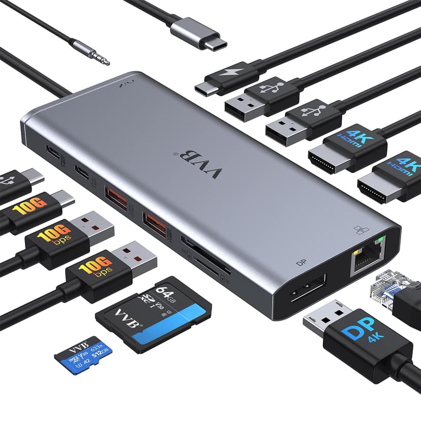 USB C Laptop Docking Station Dual Monitor HDMI USB C Hub Multiport Adapter | USB C Dongle Dock 14 in 1 USB C to 2 HDMI 4K+DisplayPort+Ethernet+4USB+2USB C+100W PD Charger+SD/TF for Dell/Lenovo/HP Lapt