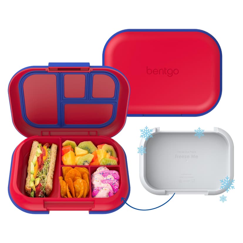 Bentgo Chill Kids 4-Compartment Bento Box Leakproof Lunch Box | Built-In Ice Pack, 3.3 Cup Capacity, BPA-Free, Microwave & Dishwasher Safe Tray, Ideal for Ages 3–7 (Red/Royal)