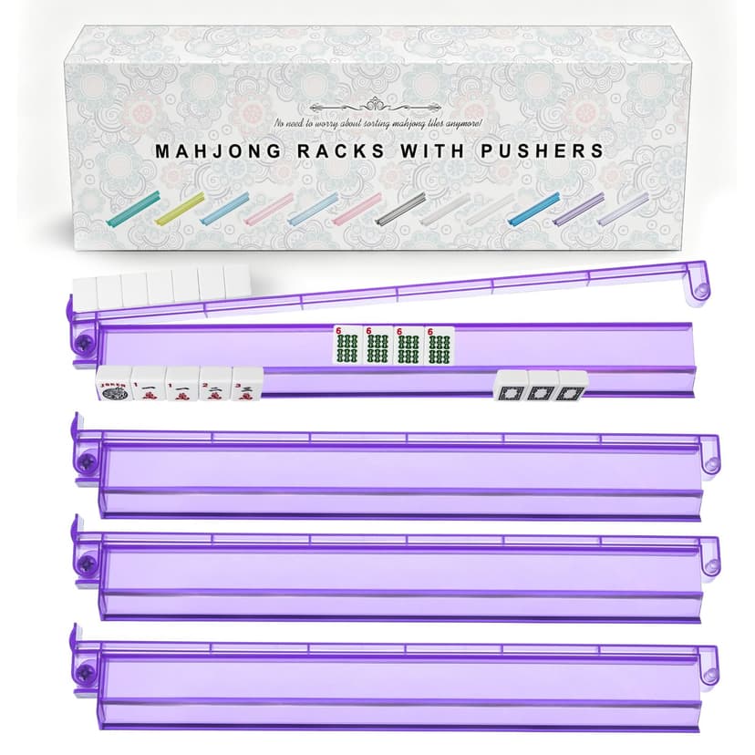 Premium Clear Mahjong Racks with Pushers,4-Pack Non-Slip Acrylic Racks | Non-Slip Base Design,Gift-Ready Packaging, Multiple Color Options, American Mahjong Accessories, Mahjong Night Gift