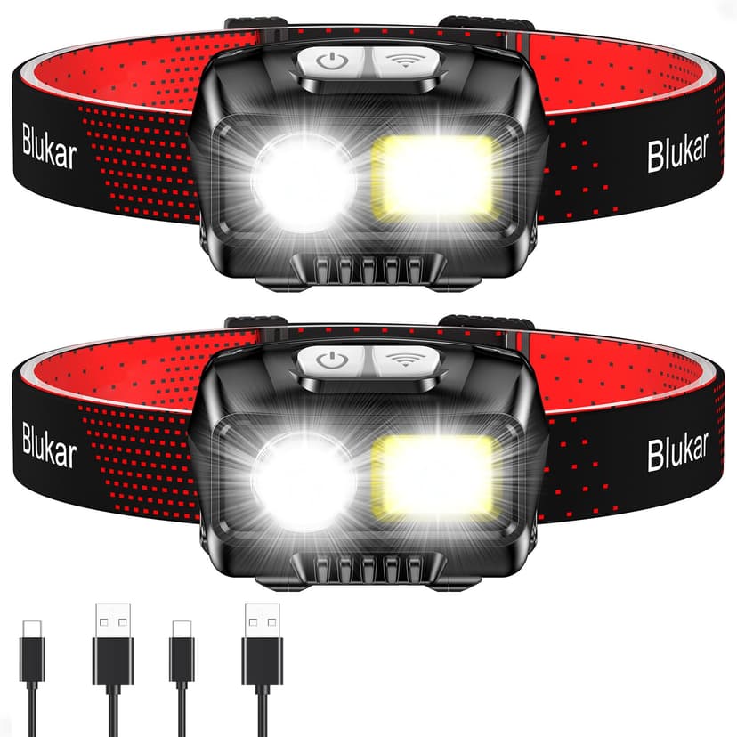 Blukar LED Headlamp Rechargeable, 2000L Super Bright Headlight Flashlight | 8 Modes & Stepless Dimming, Spotlight & Floodlight, Motion Sensor, IPX5 Waterproof for Camping,Hiking,Running,Fishing -2 Pac