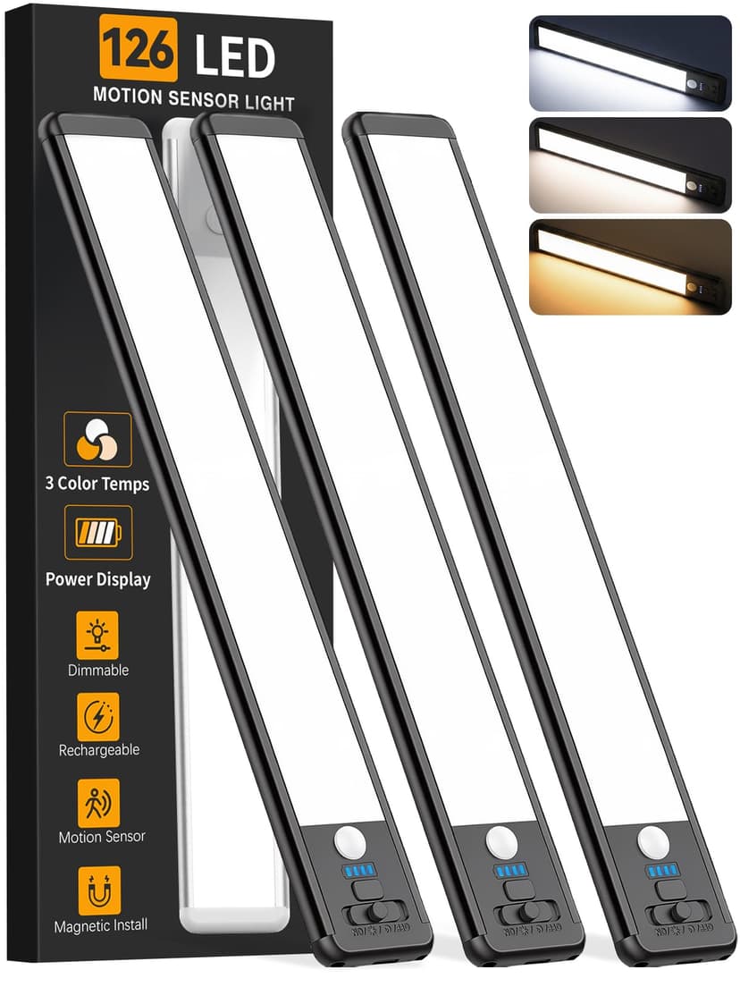 Under Cabinet Lighting Wireless, 15inch Motion Sensor Light, 3Pack-Black | Rechargeable, 3 Color Temps, Dimmable, Power Display, LED Closet Light Magnetic, Under Counter Lights for Kitchen Shelf Home