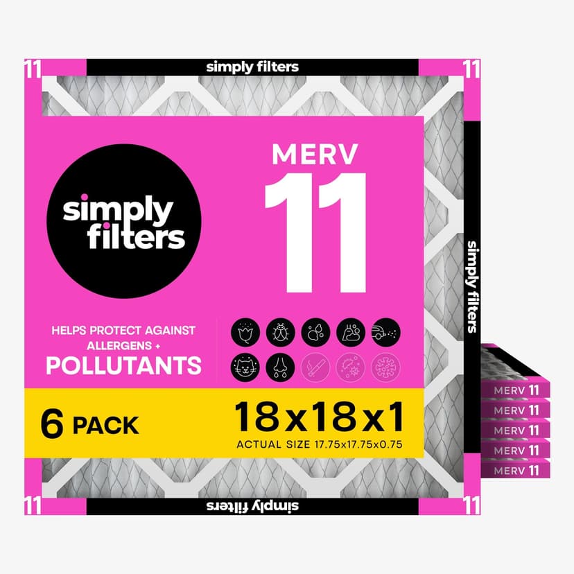 Simply 18x18x1 Air Filter, Merv 11, 6 Pack, For Home AC Furnace & HVAC (Actual Size: 17.75"x17.75"x0.75") DUST, Pet, & Allergy Control