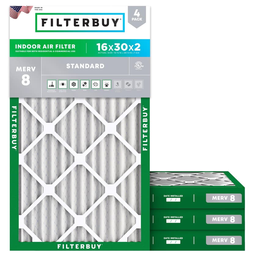 Filterbuy 16x30x2 Air Filter MERV 8 Dust & Allergy Defense (4-Pack) | Electrostatic Pleated HVAC AC Furnace Filters Replacement, Made in USA (Actual Size: 15.69 x 29.69 x 1.75)
