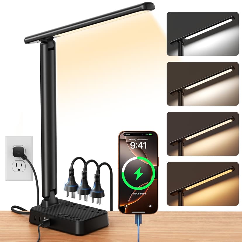LED Desk Lamp with Power Strip, 3 AC Outlets, 4 USB Ports, Stepless Dimming | 2800K-6500K Color, 2 USB-C, Foldable Design, Timer & Memory, Study, Home Office & College Dorm