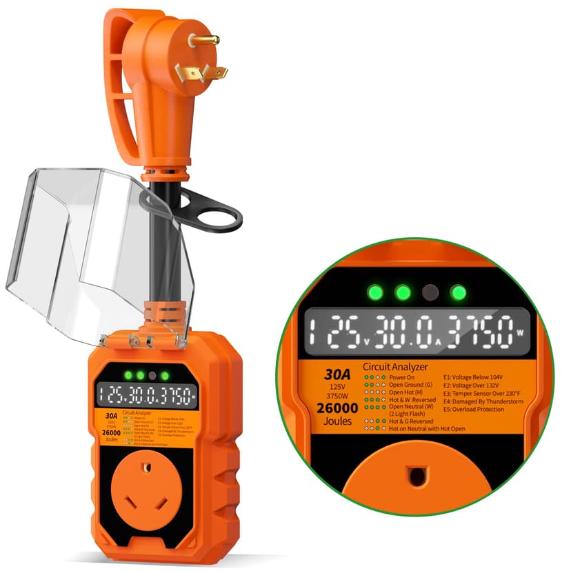 30 Amp RV Surge Protector 26000J Overload Auto Shutoff & Manual Reset | LED Display Real-Time Monitoring Circuit Analyzer, IP68 Waterproof Cover, Suitable for Campers & Travel Trailers