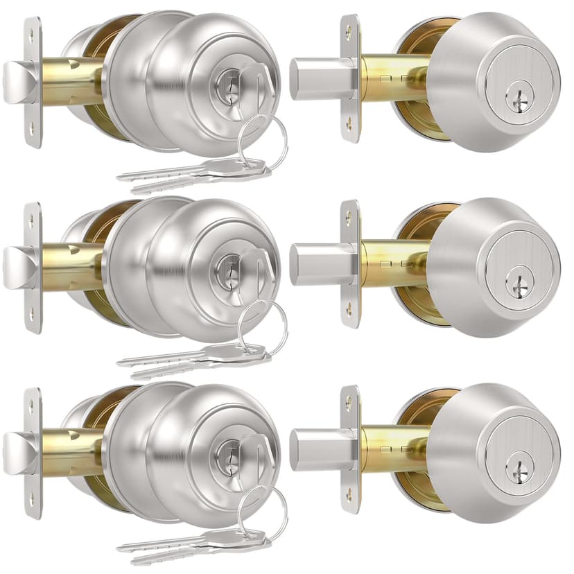 AEEKEL Exterior Door Knob with Lock, 3 Pack Keyed Entry Front Door Lock Set | Keyed Alike Front Door Knob with Single Cylinder Deadbolt Lock, Brushed Nickel Reversible Knob for Bedroom, Adjustable Lat