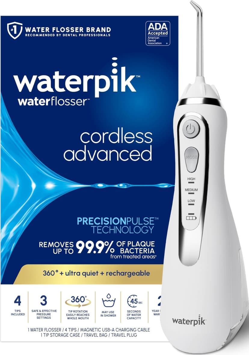 Waterpik Cordless Advanced Portable Water Flosser, Rechargeable, White | 3 Settings, 4 Tips, Travel Bag, for Gums, Teeth, Dental Braces, Implants, Shower Use ADA Accepted WP-580 Packaging May Vary