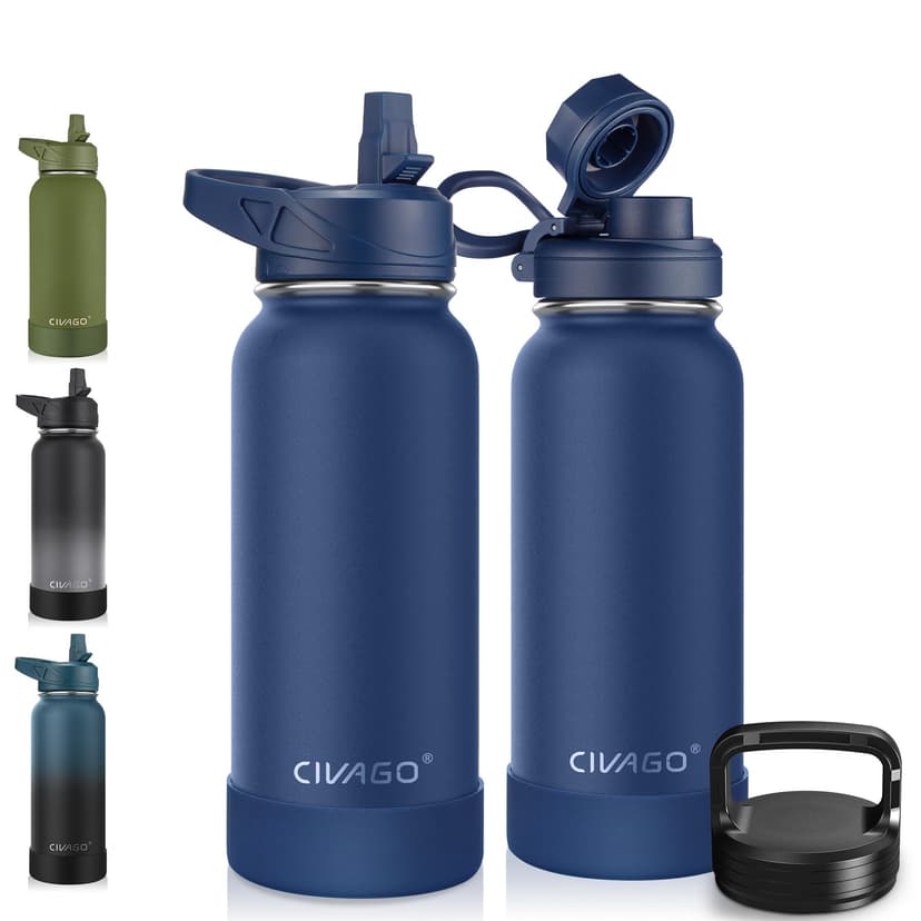 CIVAGO 32 oz Insulated Stainless Steel Water Bottle With Straw and 3 Lids | Large Metal Sports Water Jug, Leakproof Reusable Wide Mouth Thermal Flask Cup with Silicone Boot, BPA-Free, Navy Blue