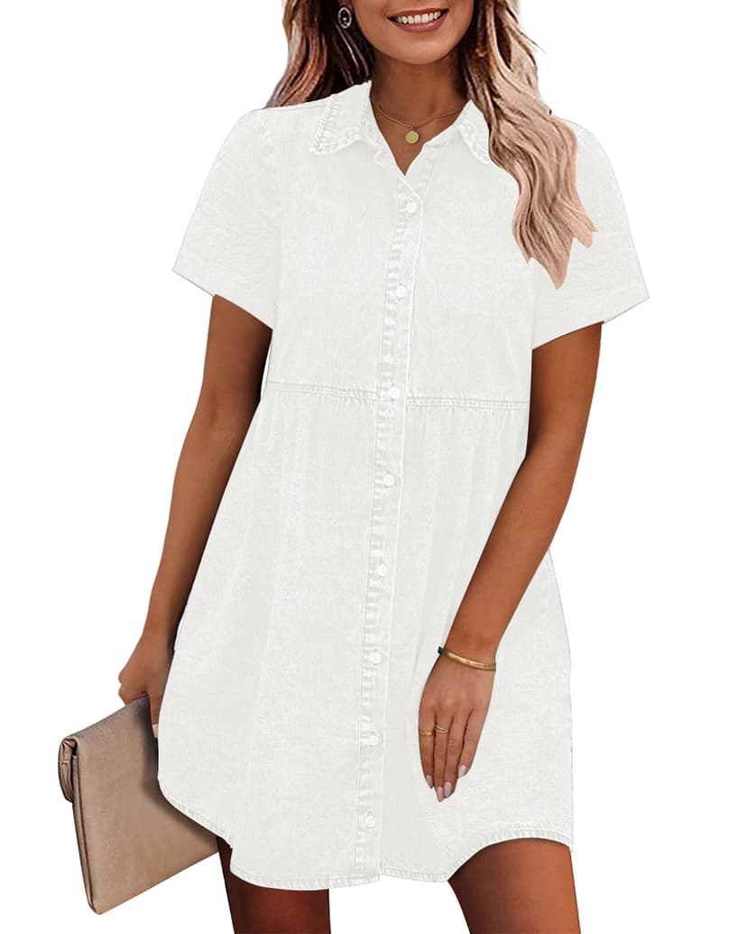 GRAPENT Denim Dress for Women Babydoll Tiered Short Sleeve Button Down Jean Shirt Dresses
