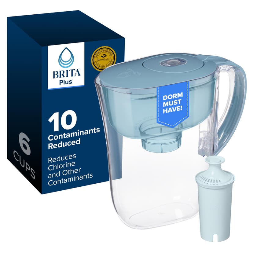 Brita Small 6 Cup Water Filter Pitcher, 1 BritaPlus Filter, Stone Blue | WQA and NSF/ANSI Certified, Reduces Chlorine, Copper, Mercury & Cadmium, Lasts 2 Months, Dorm Room Essential