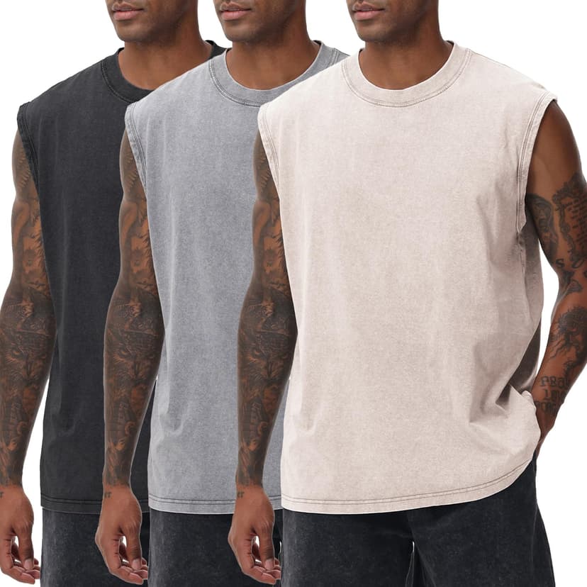 SnowElve Mens Workout Tank Tops Sleeveless Tee Shirts Men Muscle Shirt Gym Acid Wash T Shirts Running Beach Loose Fit Tee